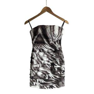 BEBE Perry Purple Strapless Stripe MiniDress Noir Rough-Cut Ruffle Skirt Size S